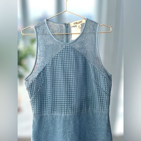 DIANE VON FURSTENBURG DVF Sleeveless Blue Mixed Lace Midi Sheath Dress Size 12 - Picture 5 of 16